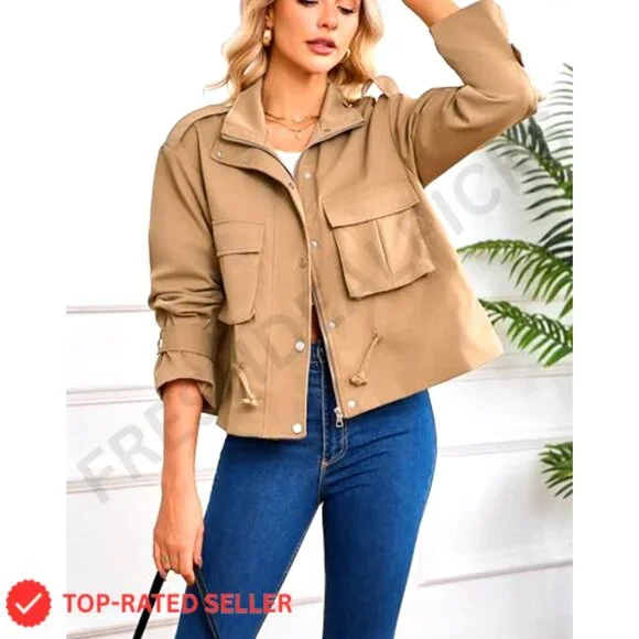 Cropped Bomber Jacket Lightweight Oversized Utility Anorak Coat Women Trendy